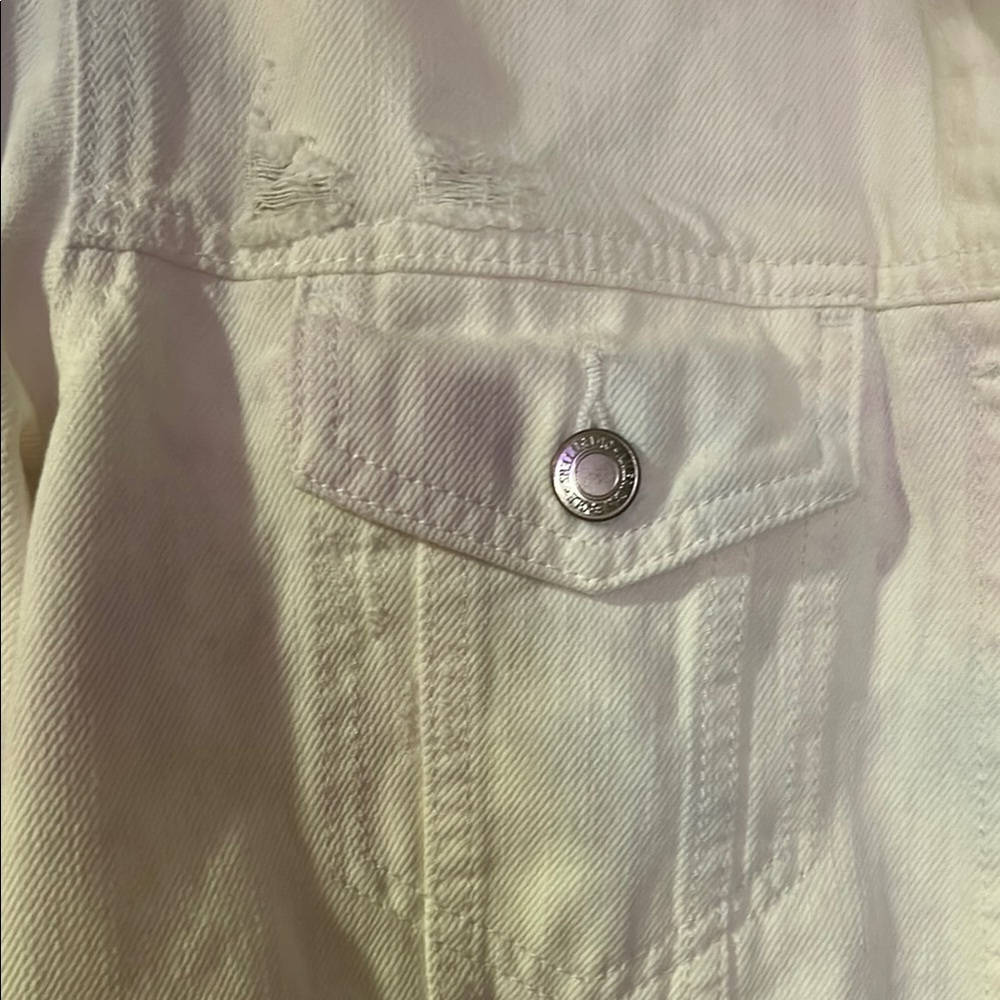 American Eagle White Distressed Denim Jean Jacket Pastel Tie Dye Detail - Picture 4 of 11